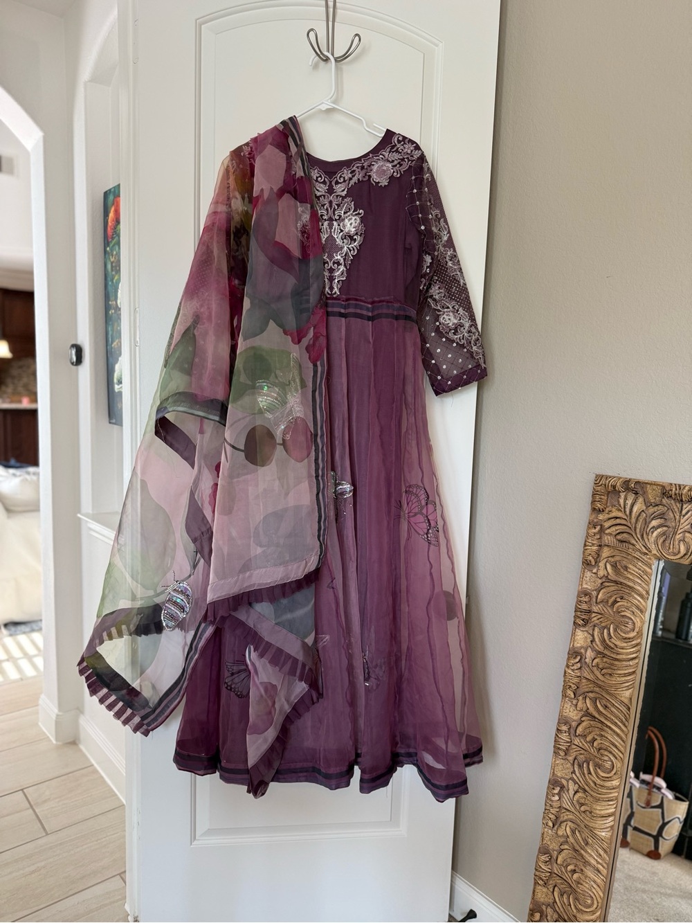 Plum Embroidered Formal Women's Dress with Floral Chiffon Scarf